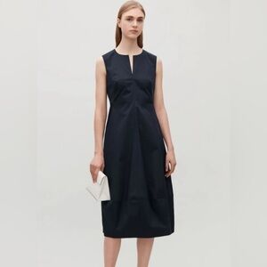 COS Navy Midi Cocoon Peplum structured Dress with slit neckline